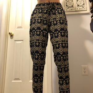 Blue & Gold Bohemian Geometric Silky Pants w Pockets Drawstring Waist Lovetree